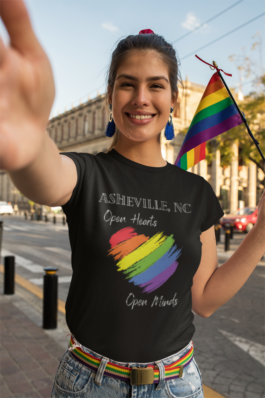 Asheville, NC - Open Hearts, Open Minds - Black T-shirt